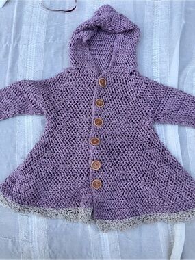 Sweater petticoat over coat hand crochet with bow back purple gray 12M